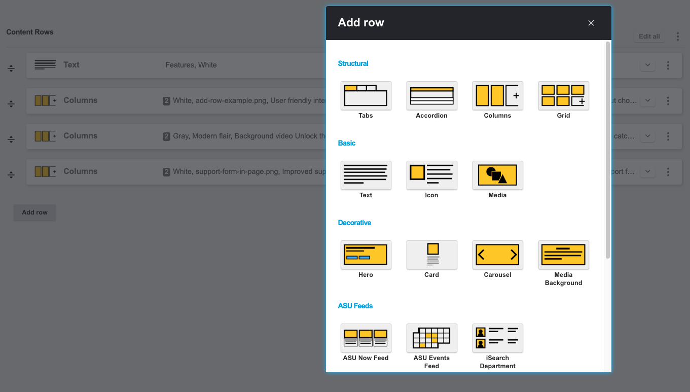 List of content rows with icons